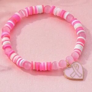 Boho Chic Colorful Clay Beaded Heart Bracelet,Breast Cancer Awareness Red Ribbon